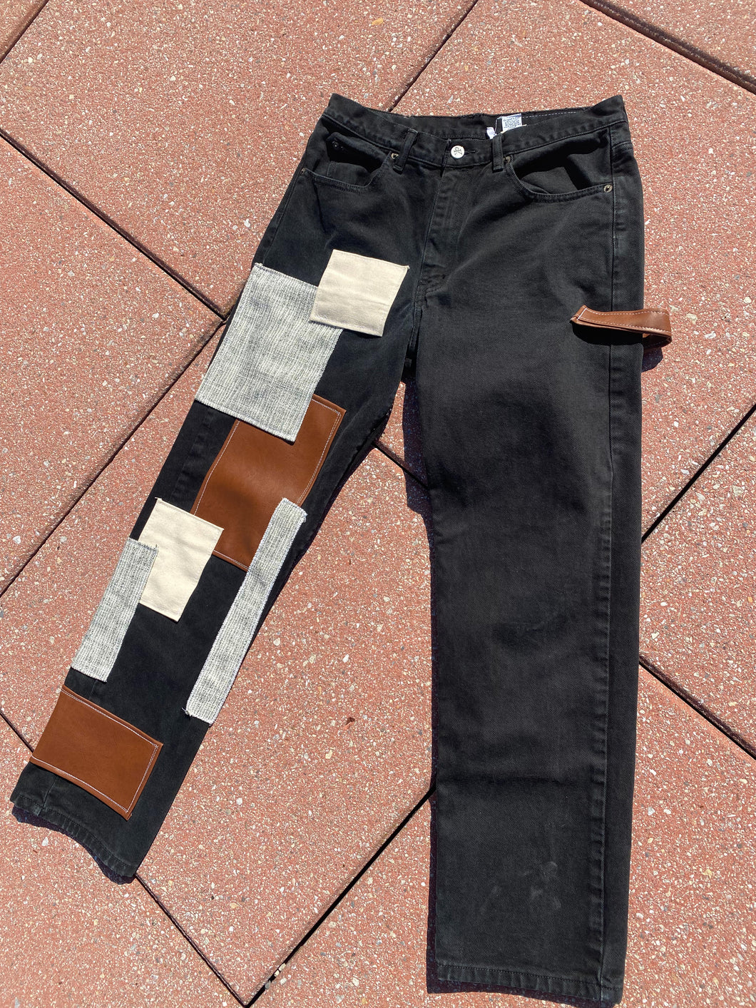 Brown Leather Patchwork Denim